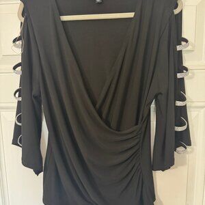Elegant black criss cross top with fake rhinestones down the sleeves